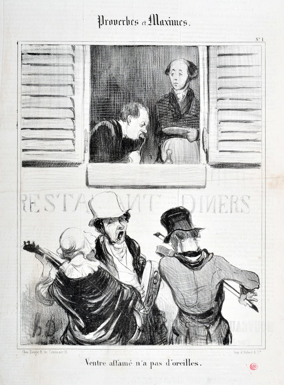 Kunstværk af Honore Daumier (1808-1879). Charivari stammer fra 1840: Serie PROVERBS ET MAXIMES "" Mavesult har ingen ører "" "MUSEE DES BEAUX ARTS - PALAIS LONGCHAMP, MARSEILLE af Honoré Daumier