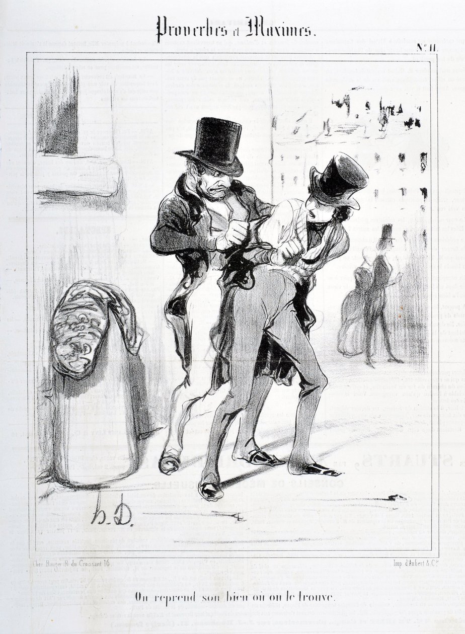 Kunstværk af Honore Daumier (1808-1879). Charivari stammer fra 1840: Serie PROVERBES ET MAXIMES "" Vi genoptager vores ejendom, eller vi finder den "" "MUSEE DES BEAUX ARTS - PALAIS LONGCHAMP, MARSEILLE af Honoré Daumier