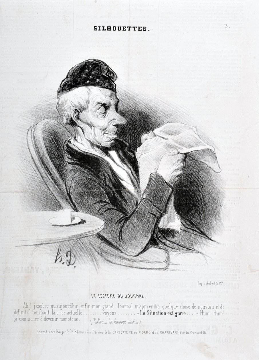 Kunstværk af Honore Daumier (1808-1879). Charivari stammer fra 1840: SOUXETTES-serien "" Læser avisen "" MUSEE DES BEAUX ARTS - PALAIS LONGCHAM af Honoré Daumier