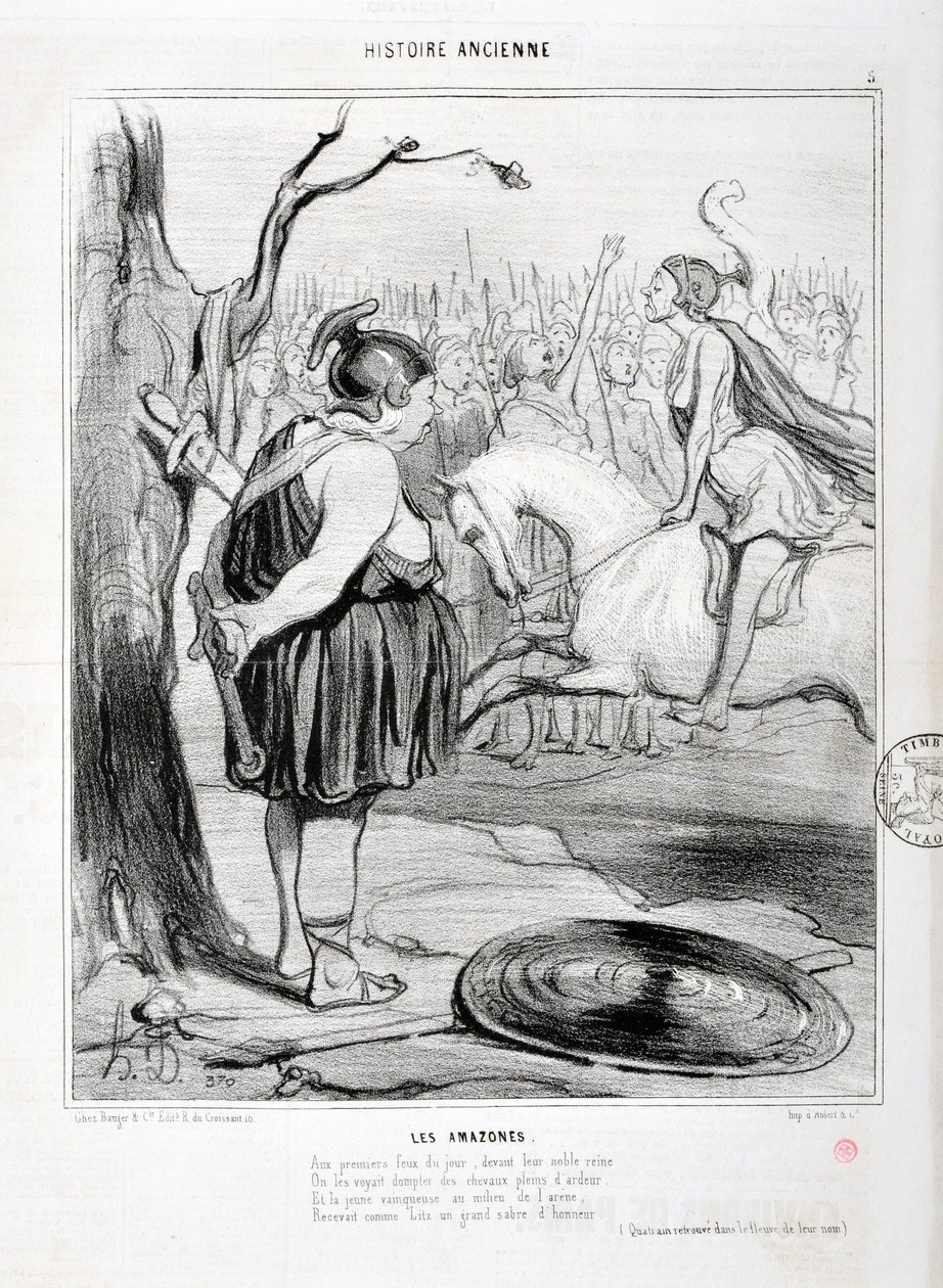 Kunstværk af Honore Daumier (1808-1879) Charivari er fra 1842: Serie HISTORIE ANCIE Les Amazones. "Ved dagens første bål, foran deres ædle dronning, så man dem tæmme heste fulde af glød. Og den unge vinder i midten af arenaen modtager af Honoré Daumier