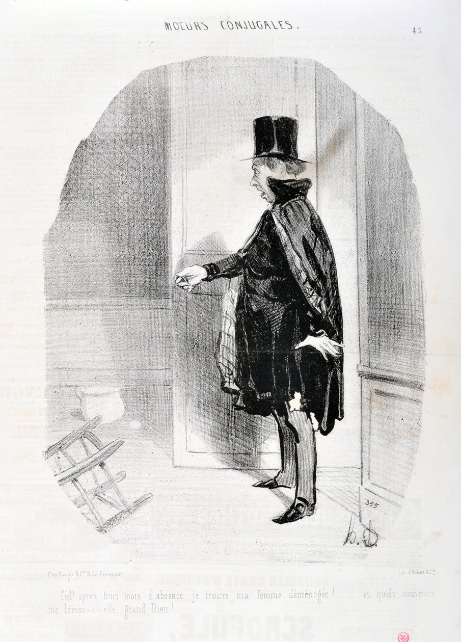 Kunstværk af Honore Daumier (1808-1879). Charivari stammer fra 1842: Serie MORES CONJUALES “” Himlen efter tre måneders fravær finder jeg min kone demenagee og hvilke minder jeg vasker hendes store Gud! “” KUNSTMUSEET - PALACE LONGCHAMP, MARSEILLE af Honoré Daumier