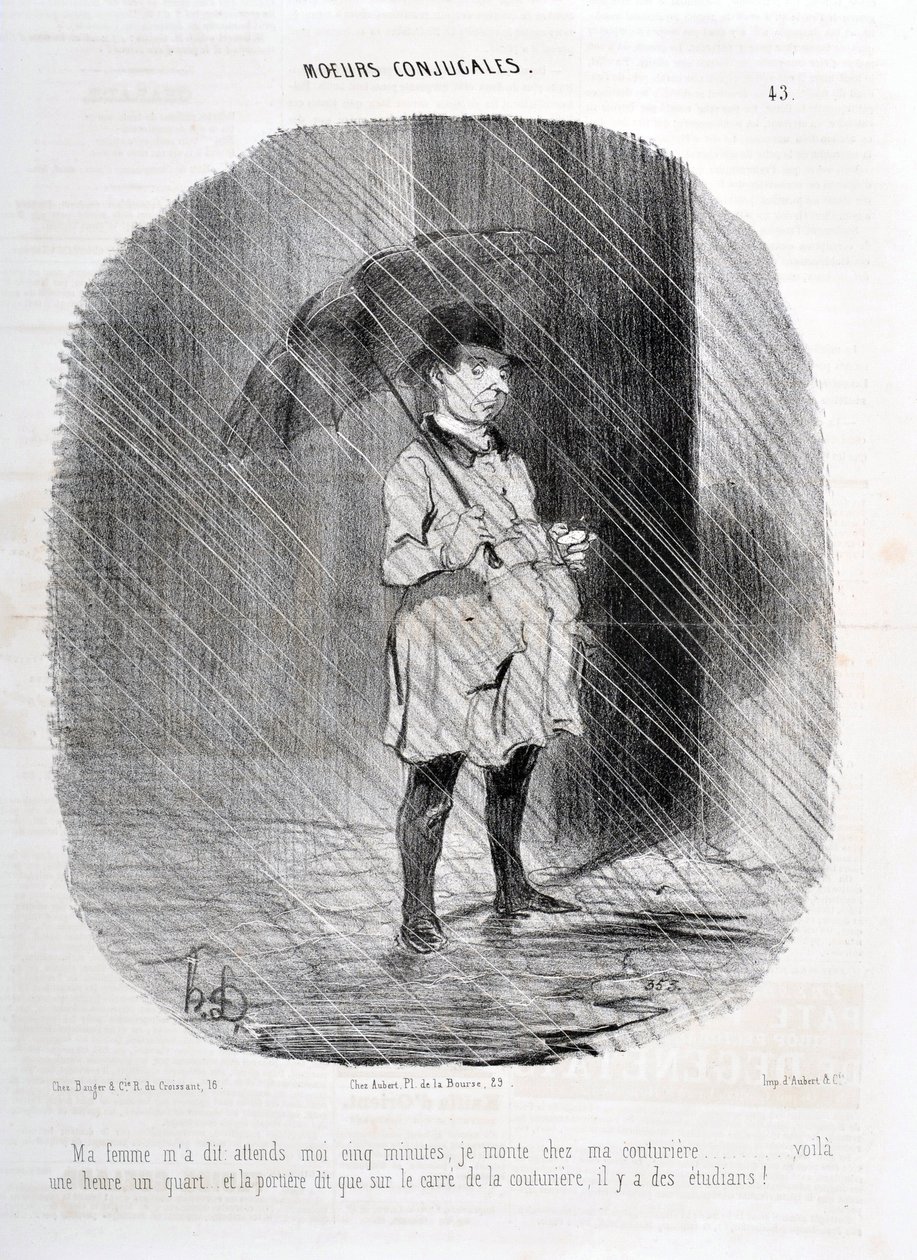 Kunstværk af Honore Daumier (1808-1879). Charivari stammer fra 1842: Serie MORES CONJUALES “” Min kone fortalte mig, vent på mig fem minutter. Jeg går op til min couturiere for en time for et kvarter siden, og døren siger, at på torvet i couturiere er der  af Honoré Daumier