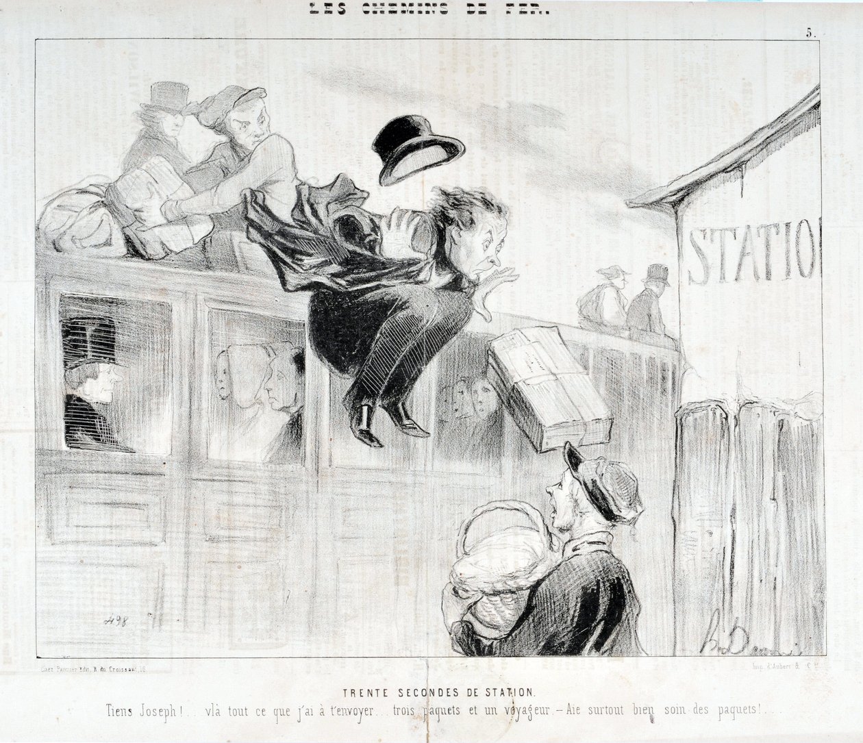 Kunstværk af Honore Daumier (1808-1879). Charivari stammer fra 1843: Serie LES Chemins de fer Tredive sekunder af station "" -Tiens Joseph! vla alt hvad jeg skal sende dig... tre pakker og en rejsende - Frem for alt pas på pakkerne”” MUSEE DES BEAUX ART af Honoré Daumier