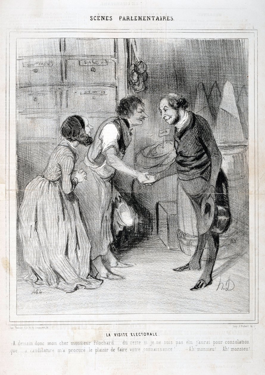 Kunstværk af Honore Daumier (1808-1879). Charivari stammer fra 1843: Serie SCENES PARLIAMENTARY. Valgbesøget. KUNSTMUSEET - PALACE LONGCHAMP, MARSEILLE af Honoré Daumier