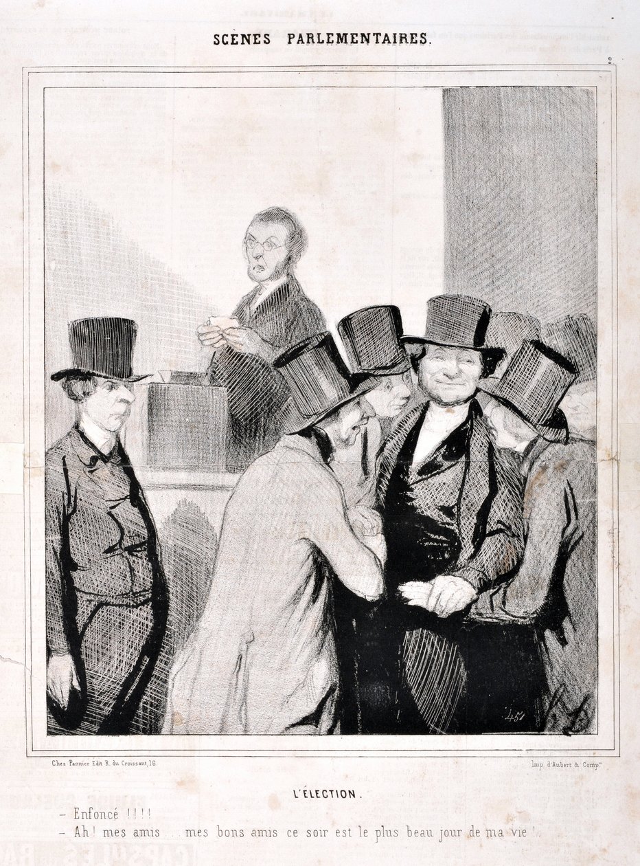 Kunstværk af Honore Daumier (1808-1879). Charivari er fra 1843: Serie SCENES PARLIAMENTARY. Valget "Svøm!!!! "Ah mine venner mine gode venner i aften er den mest dag i mit liv!" MUSEUM FOR DE FINE KUNST - PALACE LONGCHAMP, MARSEILLE af Honoré Daumier