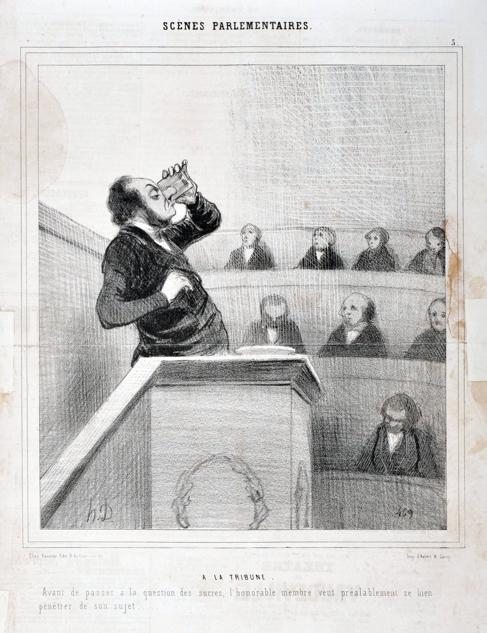 Kunstværk af Honore Daumier (1808-1879). Charivari stammer fra 1843: Serie SCENES PARLIAMENTARY. I galleriet - Inden vi går videre til spørgsmålet om sukkerarter, sagde hon. medlem ønsker at tænke godt over sit emne”” MUSEE DES BEAUX ARTS - PALAIS LONGCHAM af Honoré Daumier