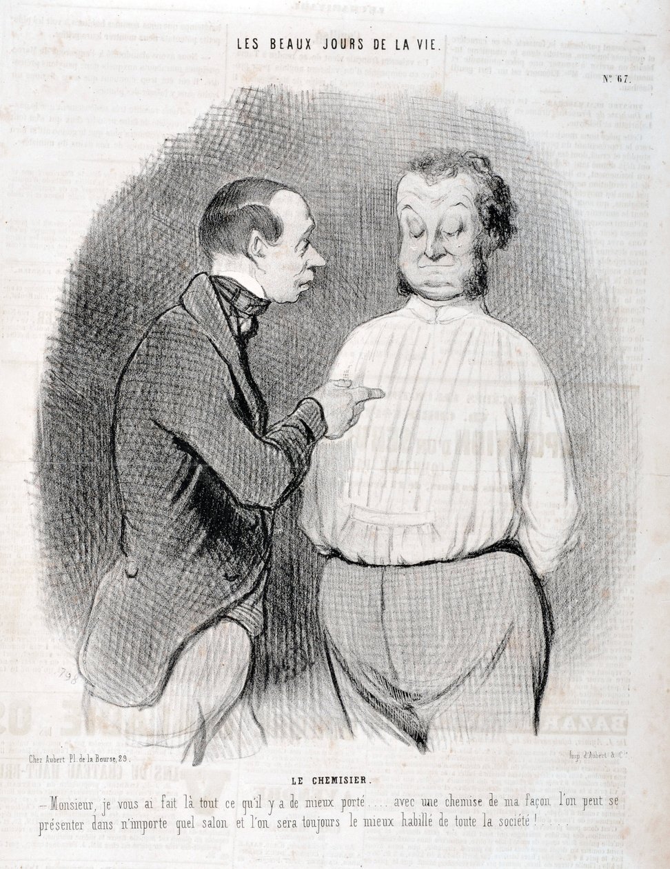 Kunstværk af Honore Daumier (1808-1879). Charivari stammer fra 1845: Serie LES BEAUX DAYS DE LA VIE. Blusen "" -Herre, jeg har lavet dig den bedst klædte... med en skjorte på min måde kan du præsentere dig selv i enhver stue, og vi vil altid være de bedst  af Honoré Daumier