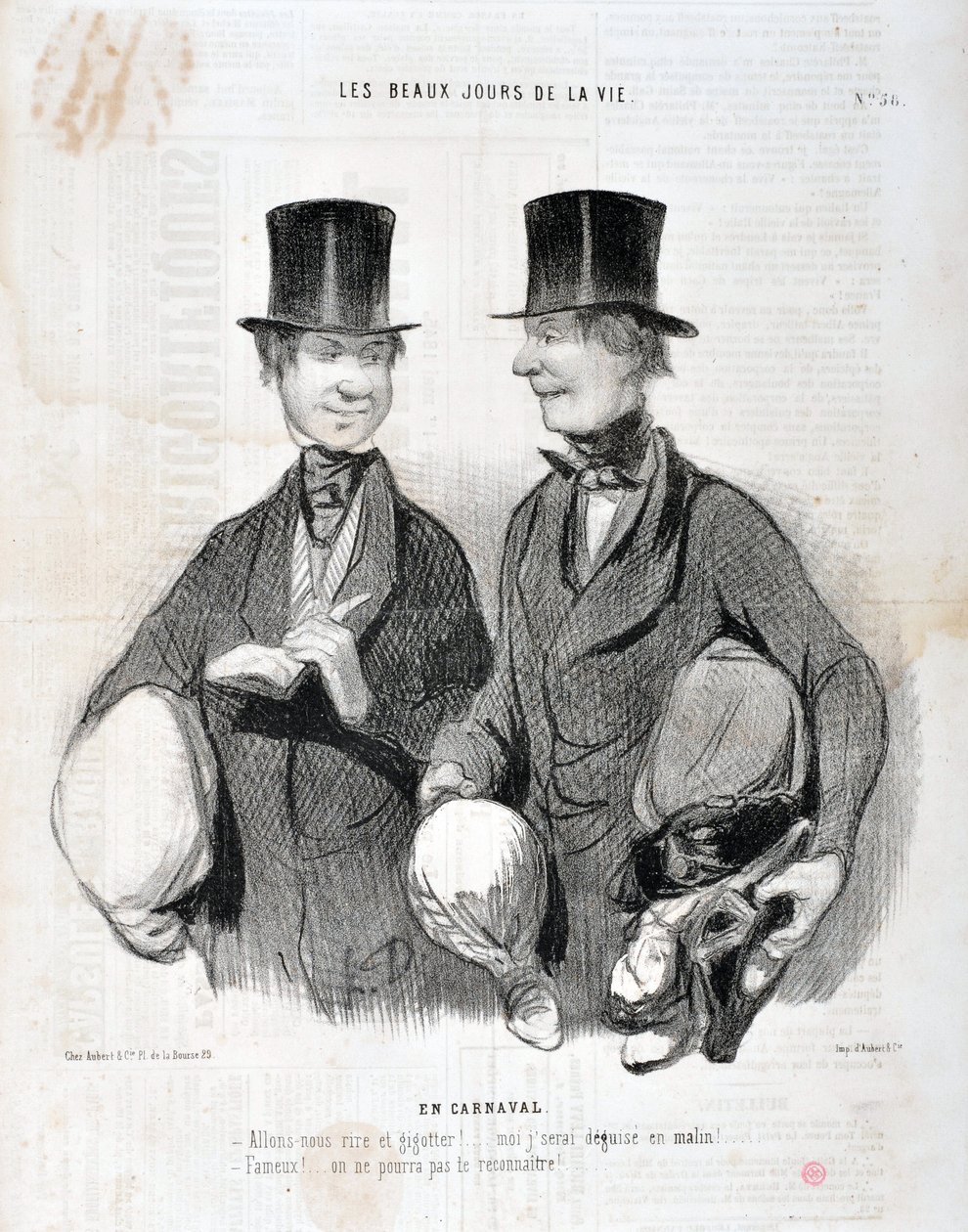 Kunstværk af Honore Daumier (1808-1879). Charivari stammer fra 1845: Serie LES BEAUX DAYS DE LA VIE. I Carnival “” -Lad os grine og gigotte! Jeg vil blive skuffet som smart! Berømt! Vi kan ikke genkende dig...” KUNSTMUSEET - PALACE LONGCHAMP, MARSEILLE af Honoré Daumier