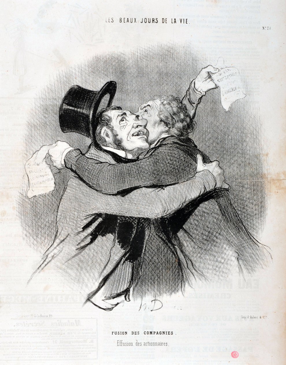 Kunstværk af Honore Daumier (1808-1879). Charivari stammer fra 1845: Serie LES BEAUX DAYS DE LA VIE. Fusion af virksomheder - Udfald af aktionærer. KUNSTMUSEET - PALACE LONGCHAMP, MARSEILLE af Honoré Daumier