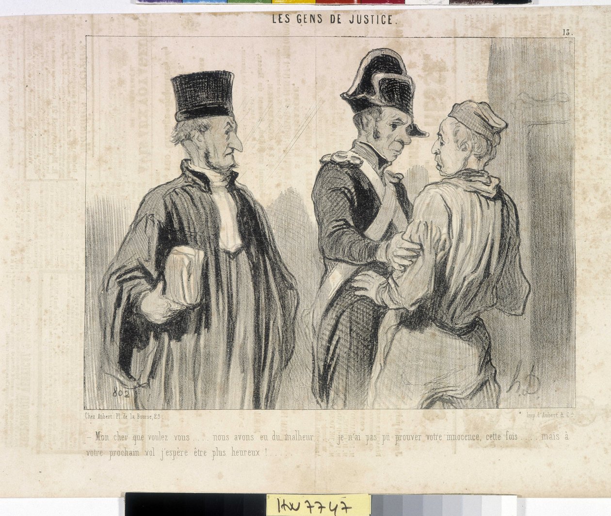 Kunstværk af Honore Daumier (1808-1879). Charivari stammer fra 1845: Serie LES PEANS DE JUSTICE. “” -Min kære, hvad vil du... vi havde uheld... Jeg kunne ikke bevise din uskyld denne gang... men din næste flyvning håber jeg at blive lykkeligere.””””” uddra af Honoré Daumier