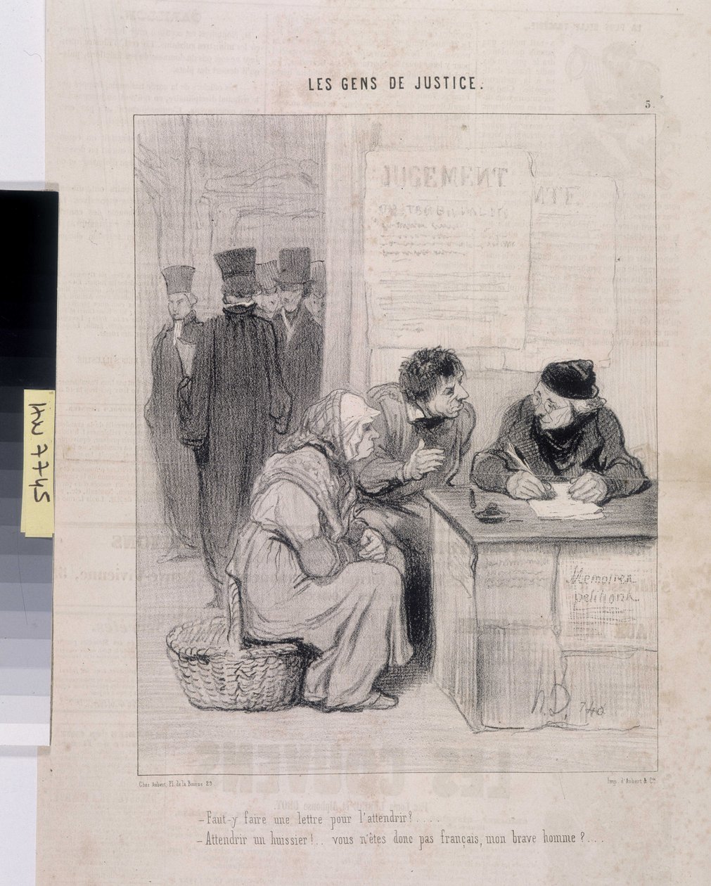 Kunstværk af Honore Daumier (1808-1879). Charivari er fra 1845: Serie LES PEANS DE JUSTICE. "Behøver man at skrive et brev for at gøre ham øm? - At møde en foged! Er du ikke franskmand, min gode mand?" Dim 37,5x28. Uddrag fra avisen Le" Charivari" af Honoré Daumier