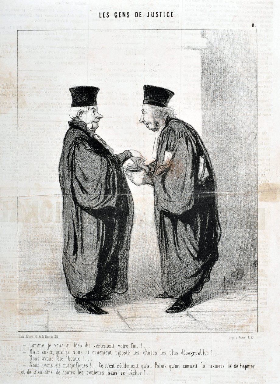 Kunstværk af Honore Daumier (1808-1879). Charivari stammer fra 1845: Serie LES PEOPLES DE JUSTICE “” -Som jeg fortalte dig, sandelig din kendsgerning! Vi var smukke. Vi var smukke!... det er egentlig kun i Palais, vi kender måden at skændes og tale om det  af Honoré Daumier