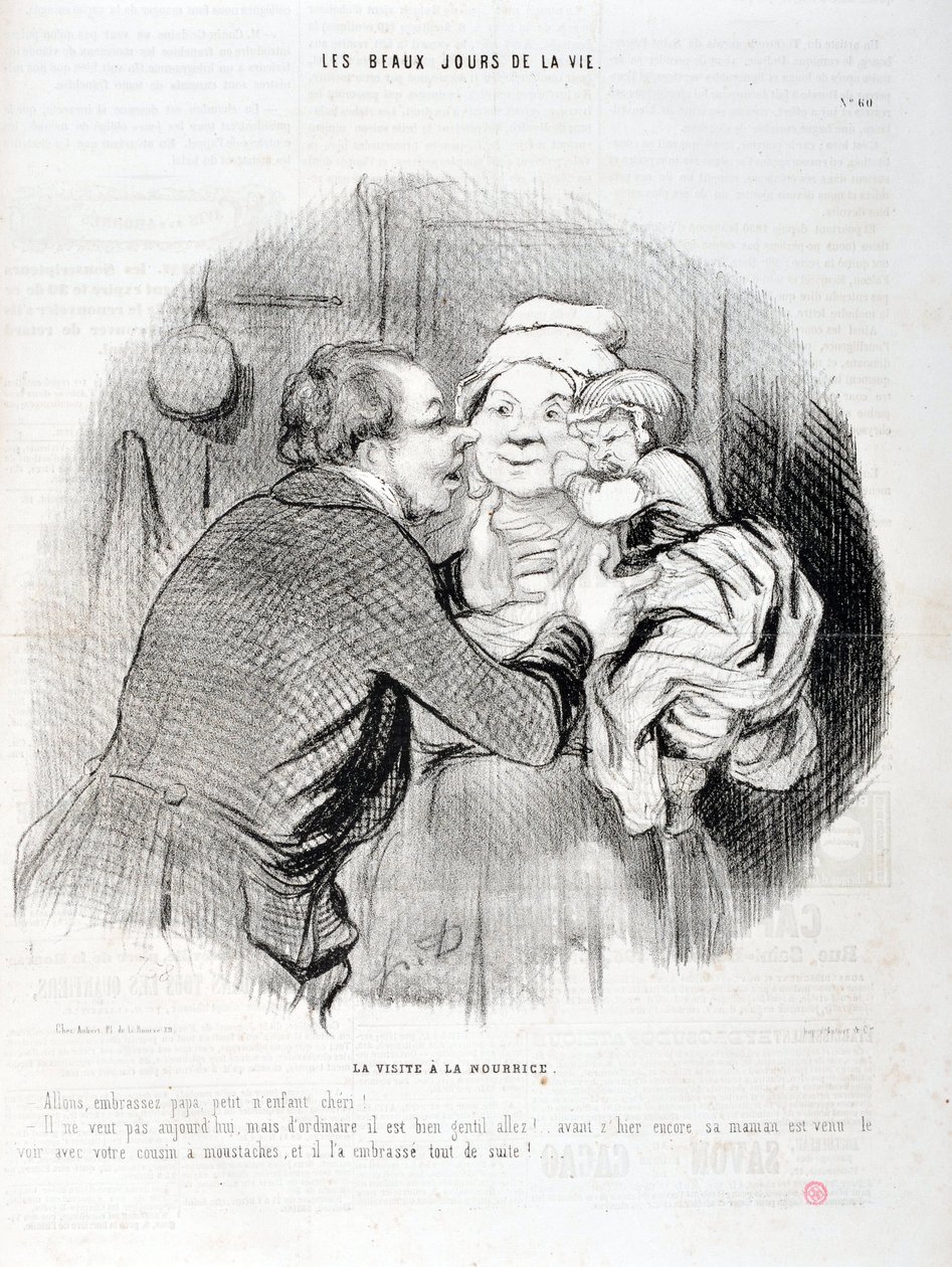 Kunstværk af Honore Daumier (1808-1879). Charivari stammer fra 1848: Serie Les beaux jours de la vie. Besøget hos sygeplejersken - Lad os kysse far lille barn skat - Han vil ikke i dag, men normalt...”” KUNSTMUSEET - PALACE LONGCHAMP, MARSEILLE af Honoré Daumier