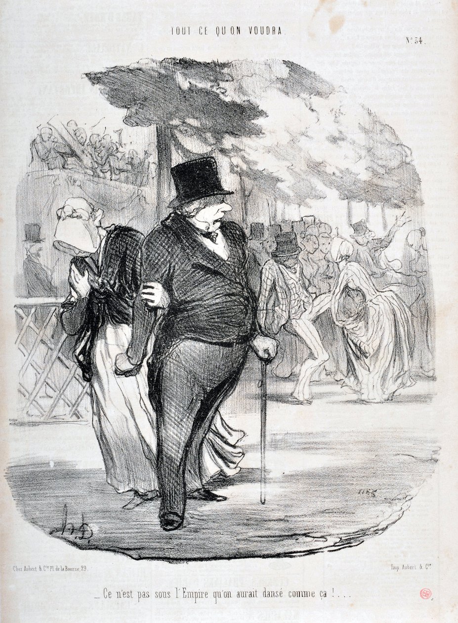 Kunstværk af Honore Daumier (1808-1879). Charivari stammer fra 1849: Serie ALL WHAT YOU WILL “” Det er ikke under imperiet, vi ville danse sådan her!...”” MUSEUM OF FINE ARTS - PALACE LONGCHAMP, MARSEILLE af Honoré Daumier