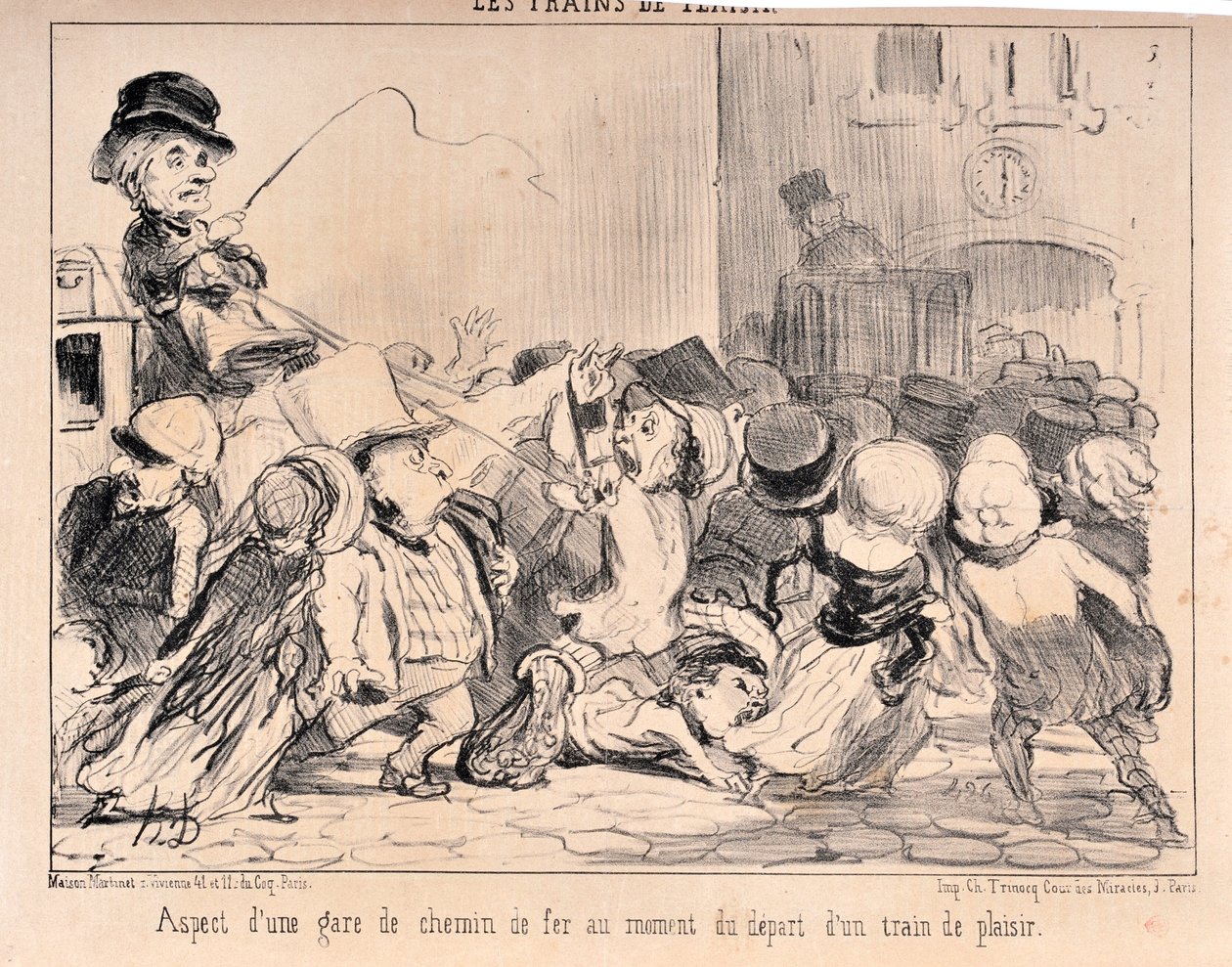 Kunstværk af Honore Daumier (1808-1879). Charivari stammer fra 1852: Serie LES TRAINS DE PLAISURE Fremkomst af en jernbanestation på tidspunktet for afgang af et lysttog MUSEE DES BEAUX ARTS - PALAIS LONGCHAMP, MARSEILLE af Honoré Daumier