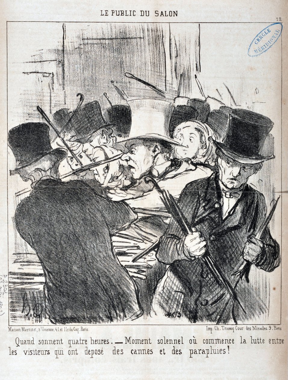 Kunstværk af Honore Daumier (1808-1879). Charivari er fra 1852: Serie LE PUBLIC DU SALON - "Når lyden fire timer.- højtideligt øjeblik eller begynder kampen mellem de besøgende, der har lagt stokke og paraplyer" MUSEE DES BEAUX ARTS - PALAIS LONGCHAMP, af Honoré Daumier