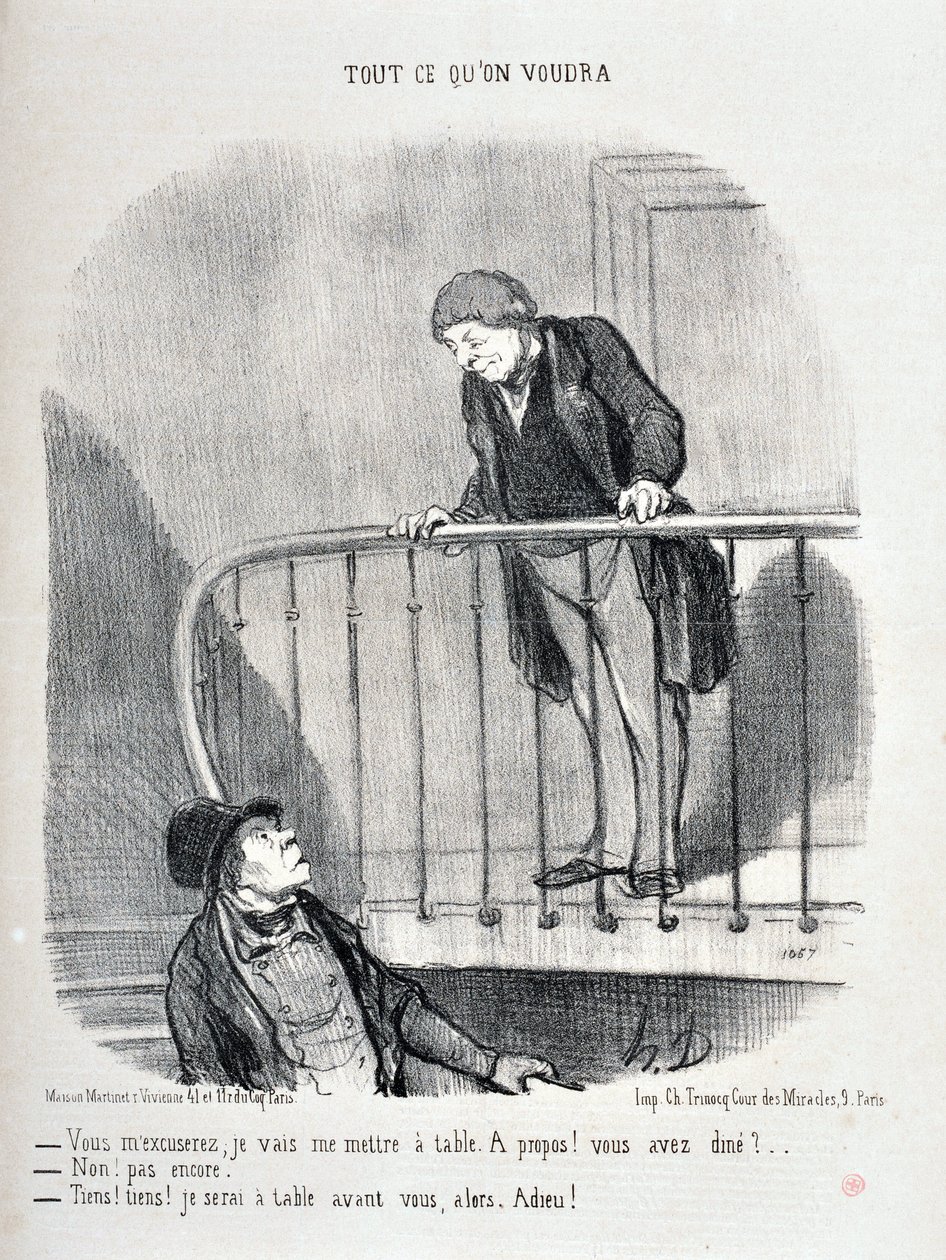 Kunstværk af Honore Daumier (1808-1879). Charivari er fra 1853: Serie ALLE HVAD DU VIL VIL "Du må undskylde mig, jeg sætter mig ved bordet. Om det! Har du spist? - Nej, ikke endnu. "Nå, nå, nå, jeg sidder ved bordet før dig" MUSEE DES BEAUTS ARTS - PALAIS  af Honoré Daumier