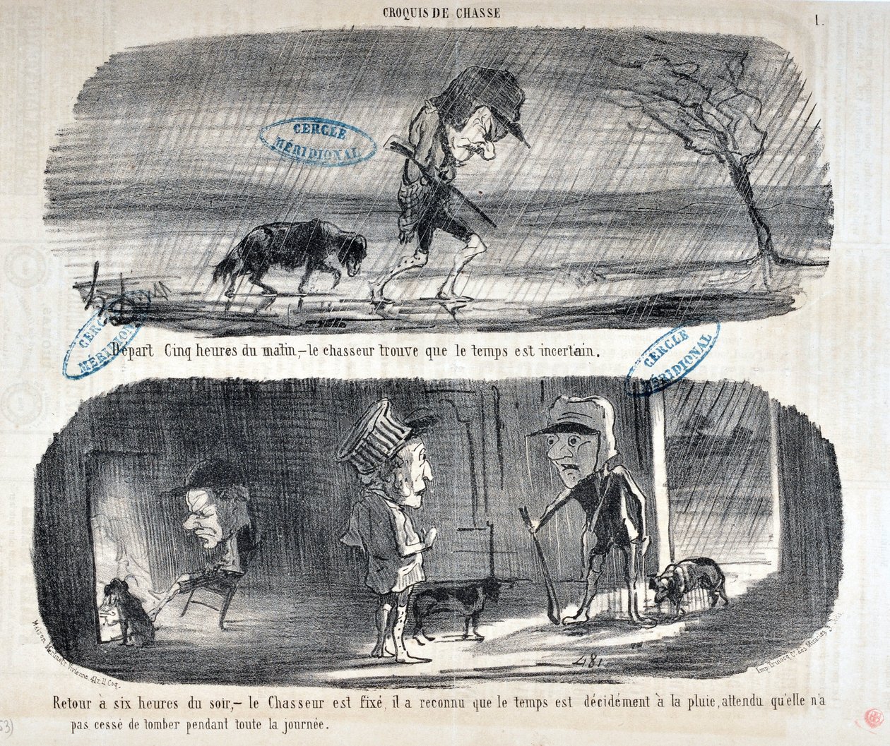 Kunstværk af Honore Daumier (1808-1879) Charivari stammer fra 1853: Serie Sketches de Chasse “” Afgang Fem heures du matin, - le chasseur konstaterer, at vejret er usikkert””” “” Tilbage til klokken seks om aftenen, - jægeren er fikset, det erkendte han af Honoré Daumier