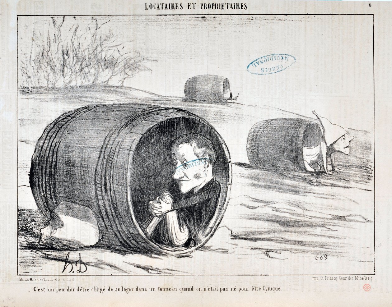 Kunstværk af Honore Daumier (1808-1879) Charivari stammer fra 1854: Serie TENNIQUES ET OWNIRES “” Det er lidt svært at blive tvunget til at ligge i en tønde, når man ikke skal være kynisk ”” MUSEE DES FINE ARTS - PALAIS LONGCHAMP, MARSEILLE af Honoré Daumier