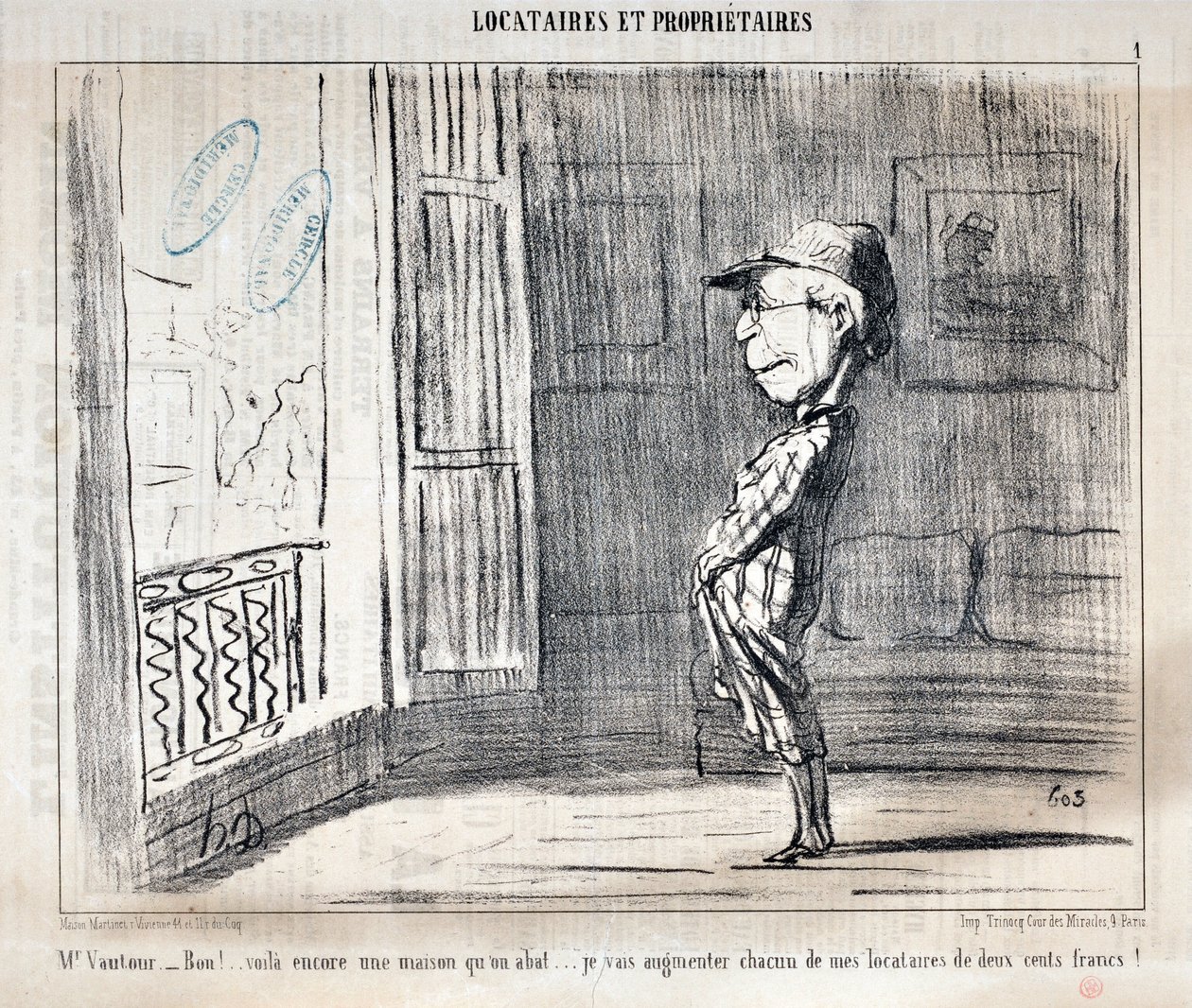 Kunstværk af Honore Daumier (1808-1879) Charivari er fra 1854: Serie TENNIQUES ET OWNIRES "Mr Vautour - Bon!... Dette er endnu et hus, der bliver skudt ned ... Jeg vil forhøje hver af mine lejere med to hundrede francs!" MUSEUM FOR DE FINE KUNST - PALADSET af Honoré Daumier