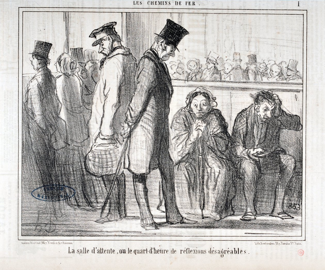Kunstværk af Honore Daumier (1808-1879). Charivari stammer fra 1855: Serie LES Chemins de fer "" Venteværelset eller kvarteret med ubehagelige refleksioner""" MUSEE DES BEAUX ARTS - PALAIS LONGCHAMP, MARSEILLE af Honoré Daumier