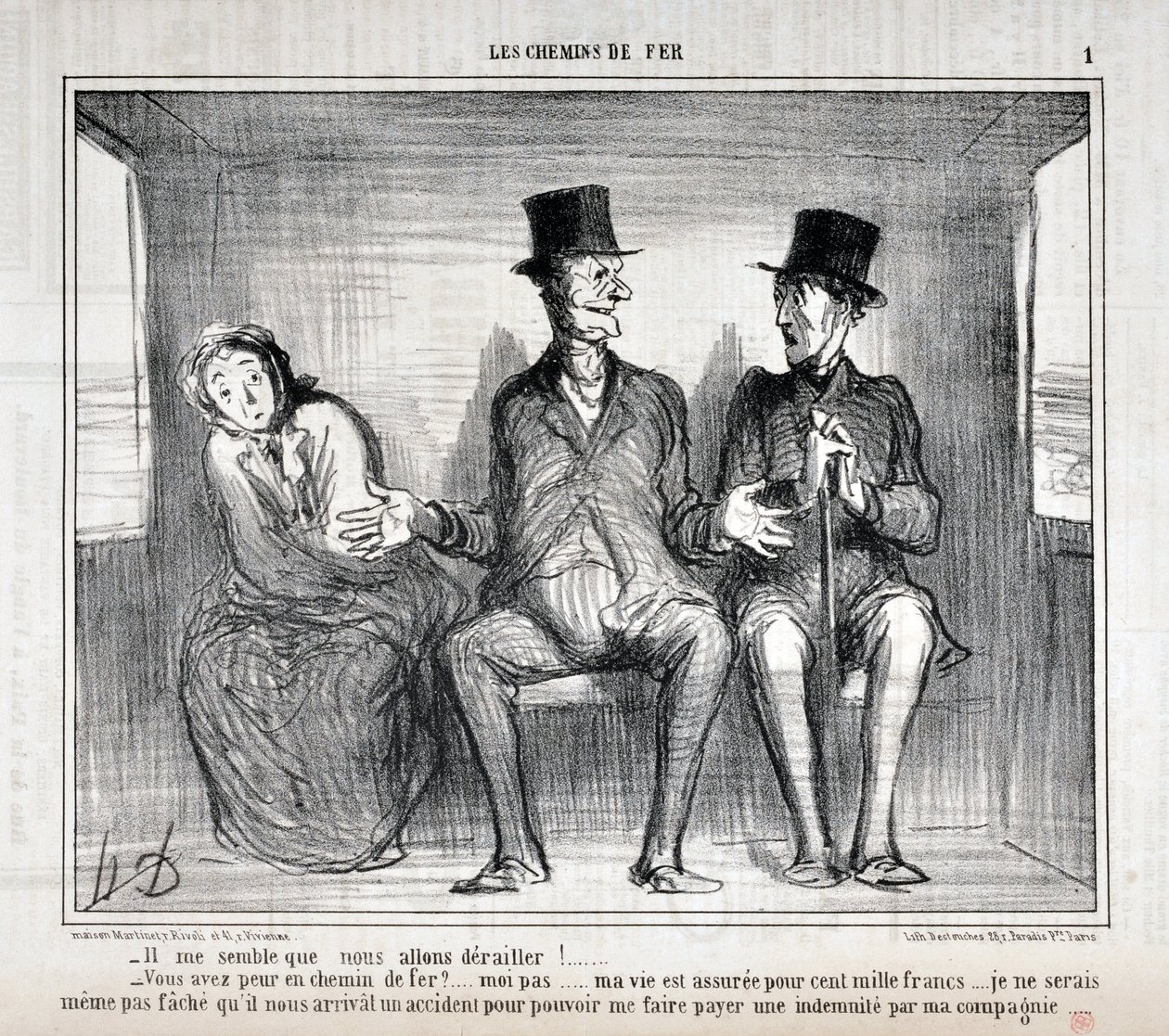 Kunstværk af Honore Daumier (1808-1879). Charivari stammer fra 1857: Serie LES RAILWAYS “” Det ser ud til, at vi vil afspore!... Er du bange på jernbanen?... mig ikke... mit liv er forsikret for hundrede tusinde francs... jeg ønsker ikke engang at bekymre  af Honoré Daumier