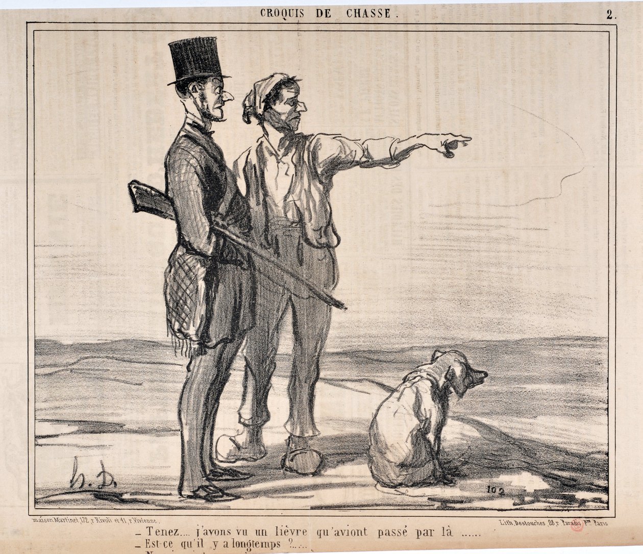 Kunstværk af Honore Daumier (1808-1879) Charivari stammer fra 1857: Serie sketches de chasseur “” Hold... Jeg så en havn, der havde ved... - Er det så lang tid?...”” MUSEUM OF FINE ARTS - PALACE LONGCHAMP, MARSEILLE af Honoré Daumier
