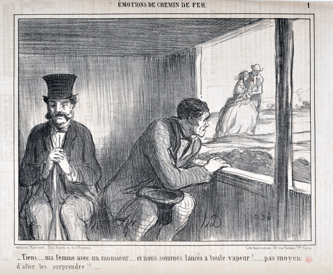 Kunstværk af Honore Daumier (1808-1879) Charivari stammer fra 1858: Serie EMOTIONS EN Chemin de fer - "Her... min kone med en gentleman... og vi går på fuld damp!... ingen måde at overraske dem!!...” KUNSTMUSEET - PALACE LONGCHAMP, MARTS af Honoré Daumier
