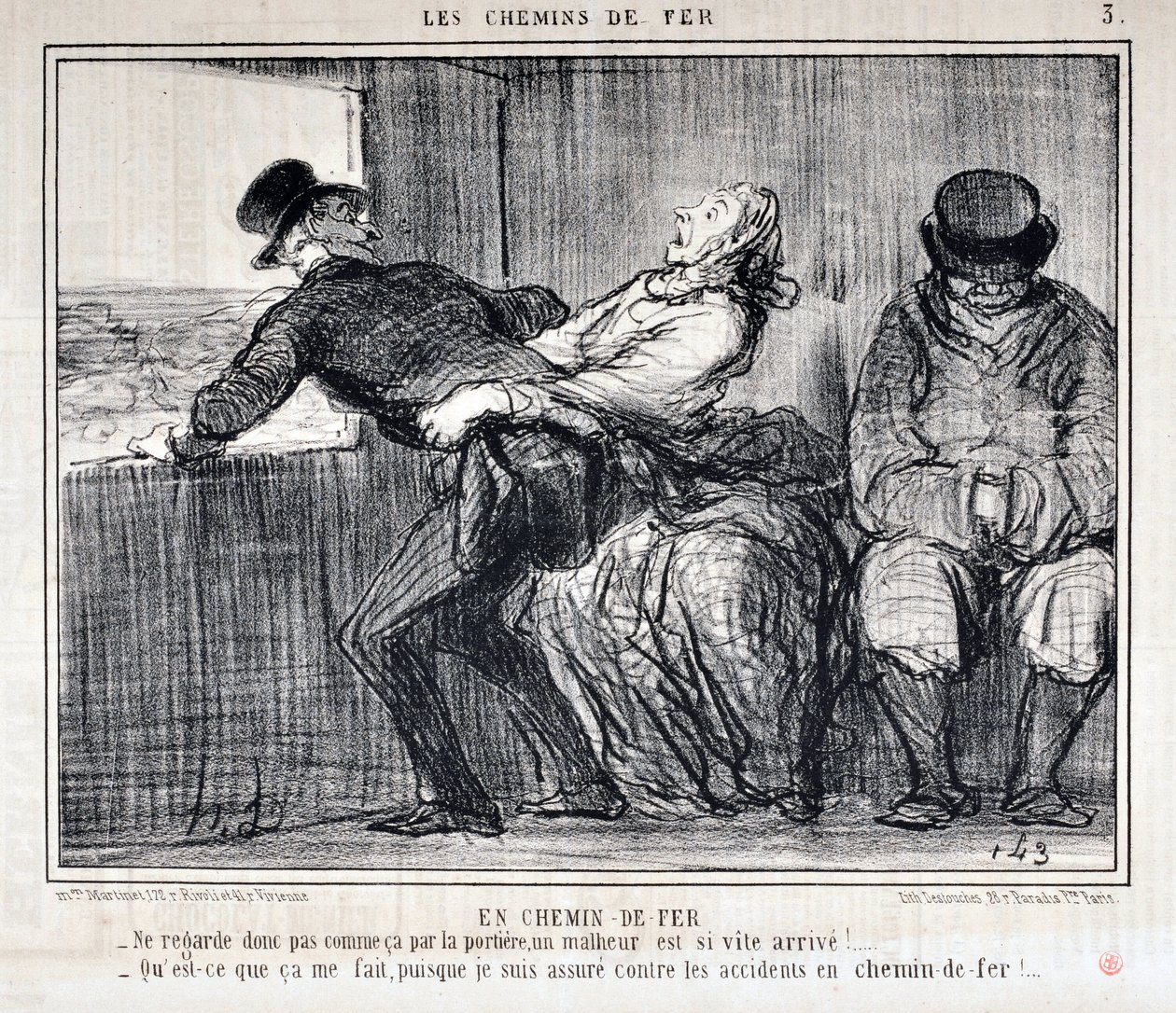 Kunstværk af Honore Daumier (1808-1879). Charivari stammer fra 1858: Serie LES RAILWAYS By Railroad “” -Så se ikke sådan ud ad døren, en ulykke kommer så hurtigt!... “Hvad gør det mig, siden jeg er forsikret mod ulykker på railwa af Honoré Daumier