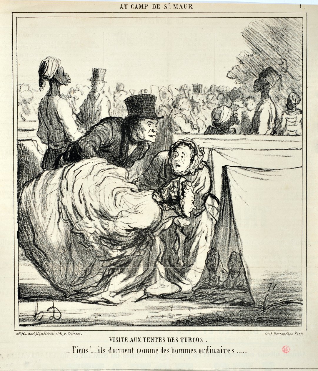 Kunstværk af Honore Daumier (1808-1879) Charivari er fra 1859: Serie AU CAMP DE SAINT MAUR Besøg i tyrkernes telte. "-Her!... de sover som almindelige mænd..." MUSEUM FOR DE FINE KUNST - PALADSET LONGCHAMP, MARSEILLE af Honoré Daumier