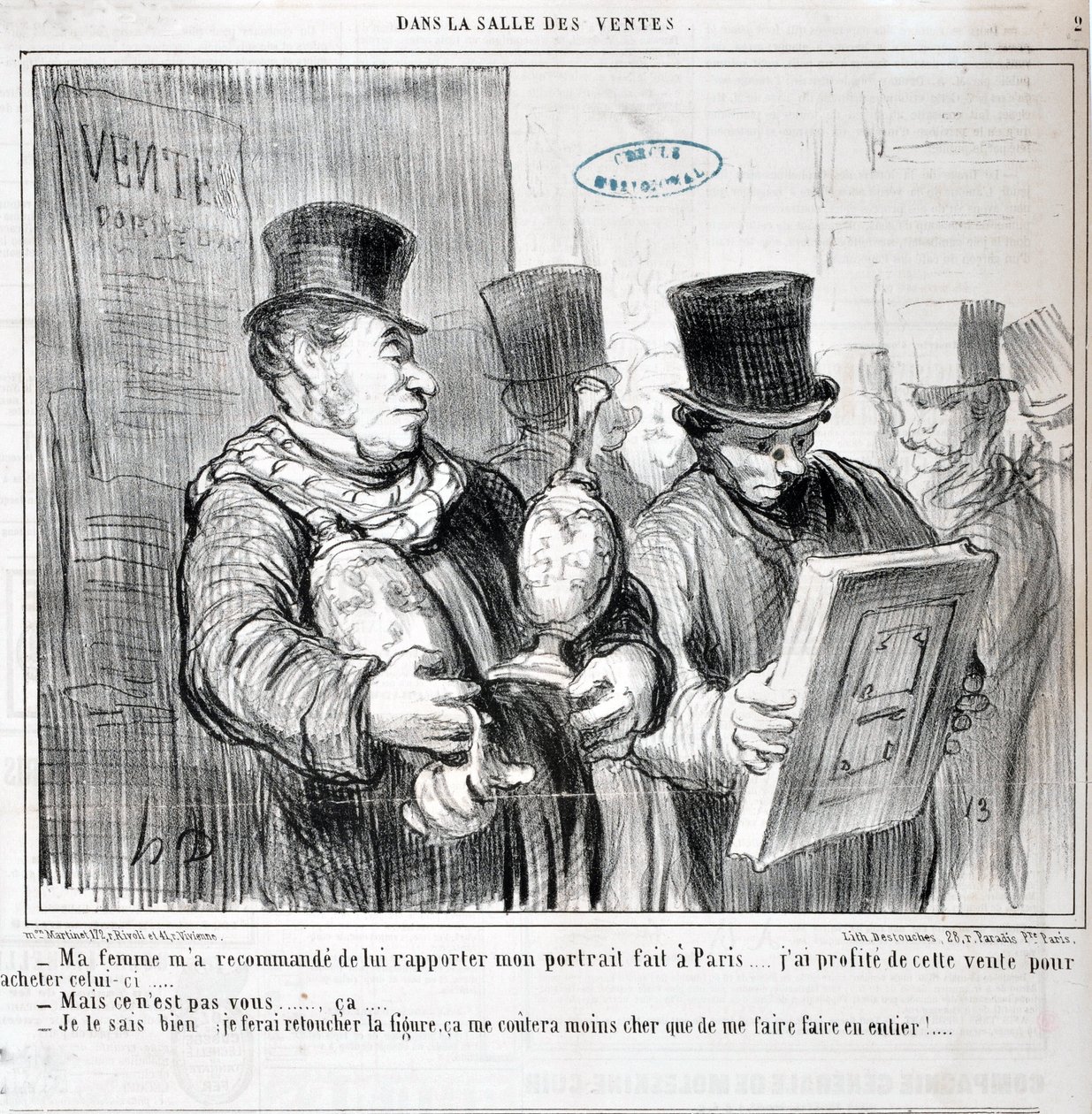 Kunstværk af Honore Daumier (1808-1879). Charivari er fra 1859: Serie IN THE SALE "- Min kone anbefalede mig at bringe hende mit portræt lavet i Paris... Jeg benyttede mig af dette udsalg til at købe dette... -Men det er ikke dig... ca... - Jeg ved det, je af Honoré Daumier
