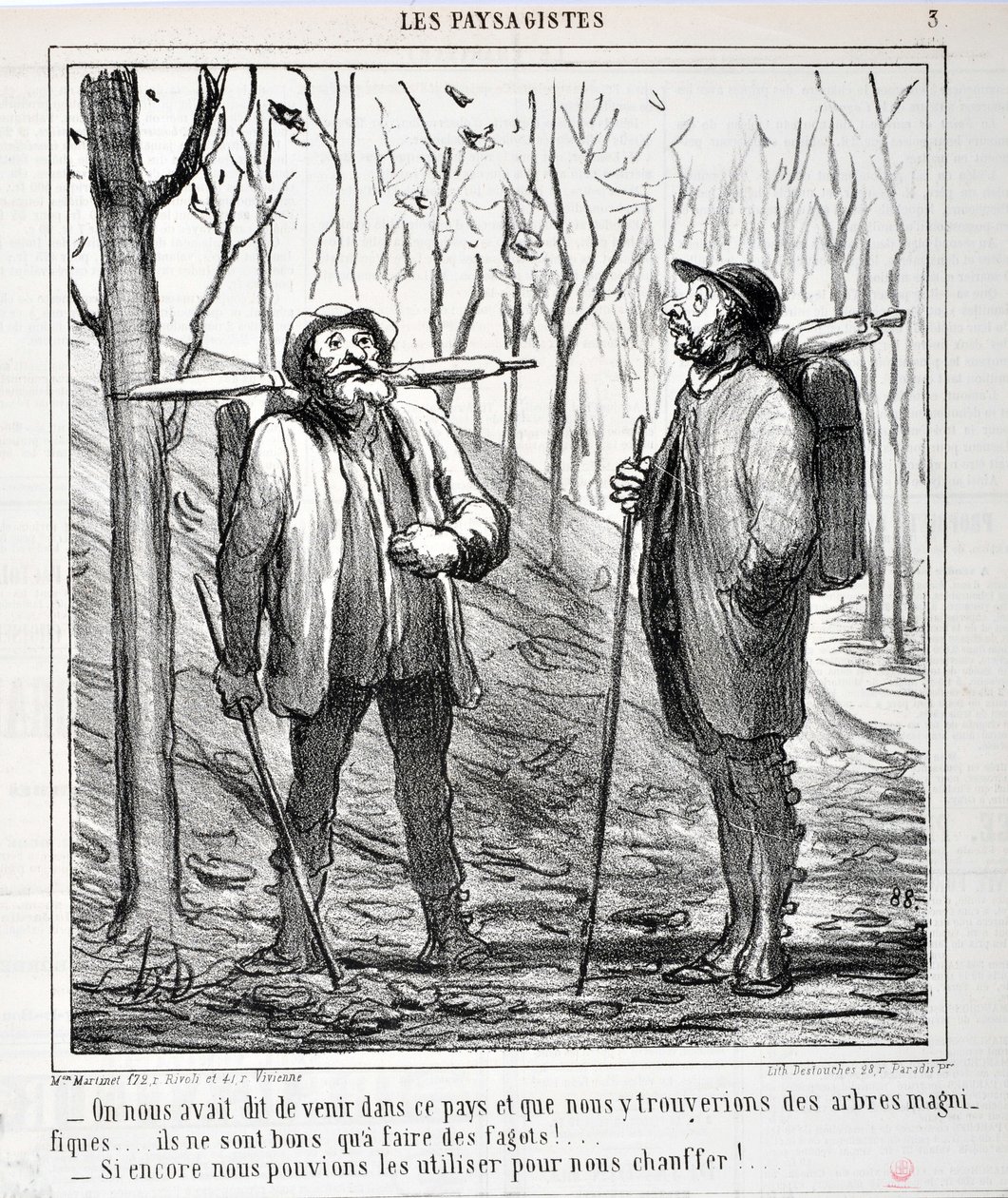 Kunstværk af Honore Daumier (1808-1879). Charivari er fra 1864: Serie LES LANDSAGISTS "- Vi fik at vide, at vi skulle komme til dette land, og at vi ville finde smukke træer... de er gode til at lave bål!... "Hvis vi kunne bruge dem til at opvarme os med!. af Honoré Daumier