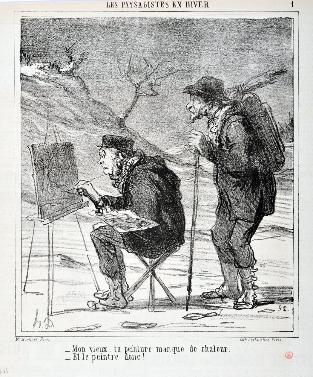 Kunstværk af Honore Daumier (1808-1879). Charivari stammer fra 1864: Serie LES LANDSAGISTS IN WINTER “” - Min gamle mand, dit maleri mangler varme - Og maleren så! “” KUNSTMUSEET - PALACE LONGCHAMP, MARSEILLE af Honoré Daumier