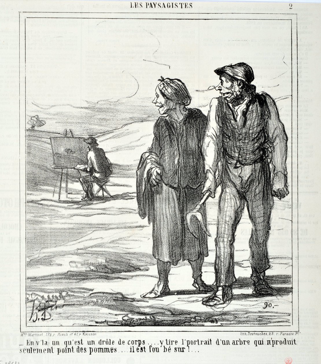 Kunstværk af Honore Daumier (1808-1879). Charivari stammer fra 1864: Serie LES LANDSAGISTS "" - I denne, der er en sjov krop... tegner et portræt af et træ, der ikke kun producerer æbler... han er vild med!..." KUNSTMUSEET - PALACE LONGCHAMP, af Honoré Daumier