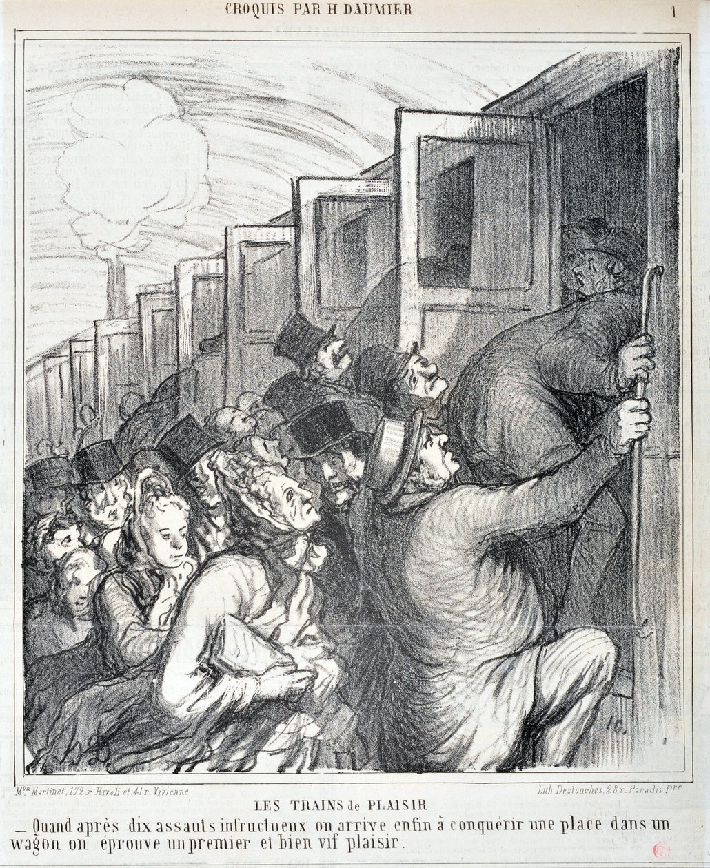 Kunstværk af Honore Daumier (1808-1879). Charivari stammer fra 1864: Serie Sketch Les trains de plaisir “” - Når vi efter ti mislykkede overfald endelig får erobret en plads i en vogn, oplever vi en første og meget livlig fornøjelse””” MUSEE DES BEAUX AR af Honoré Daumier