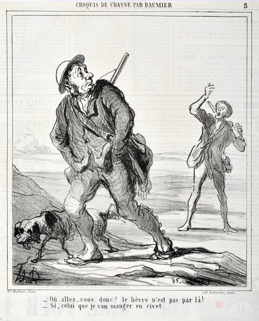 Kunstværk af Honore Daumier (1808-1879) Charivari er fra 1864: Serie Sketch de Chasse "Ou va donc? Haren er ikke færdig der! - Hvis den jeg skal spise i civet" MUSEE DES BEAUX ARTS - PALAIS LONGCHAMP, MARSEILLE af Honoré Daumier