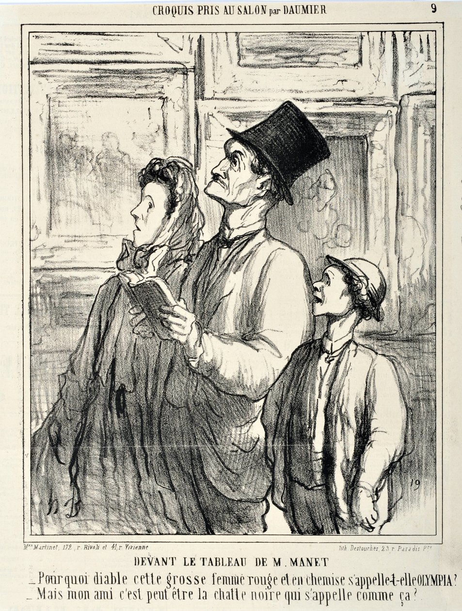 Kunstværk af Honore Daumier (1808-1879) Charivari stammer fra 1865: Serie CRUQUIS PAUIT I SALONEN Foran et maleri af Manet “” -Hvorfor fanden hedder denne store røde kvinde i en skjorte Olympia? - Men min ven er måske den sorte kat, der hedder det? MUS af Honoré Daumier