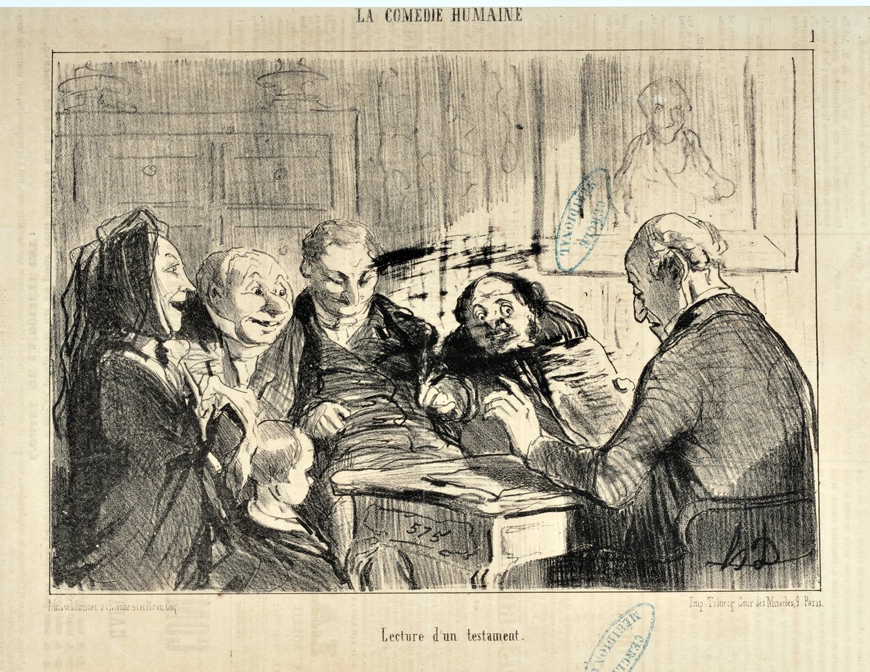 Kunstværk af Honore Daumier (1808-1879). I “” Le Charivari ”” af 20. december 1853: Serie LA COMEDIE HUMAN “” Læsning af et testamente ”” ”MUSEUM OF Fine ARTS - PALAIS LONGCHAMP, MARSEILLE af Honoré Daumier