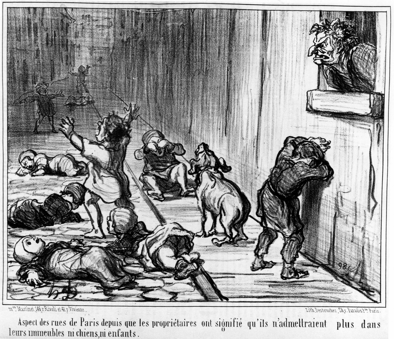 Aspekt af gaderne i Paris siden ejerne betød, at de ikke længere ville indrømme hverken hunde eller børn i deres bygninger, taget fra "" Tenants et Proprietaires", en serie af tegneserier af Honore Daumier (1808-1879). “Charivari” af Honoré Daumier