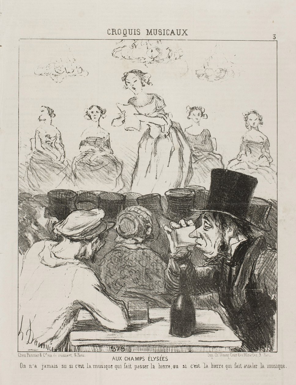 På Champs-Elysées har det aldrig været helt klart, om musikken får øllet til at gå ned, eller øllet der får dig til at sluge musikken, tallerken 3 fra Croquis Musicaux, 1852 af Honoré Daumier