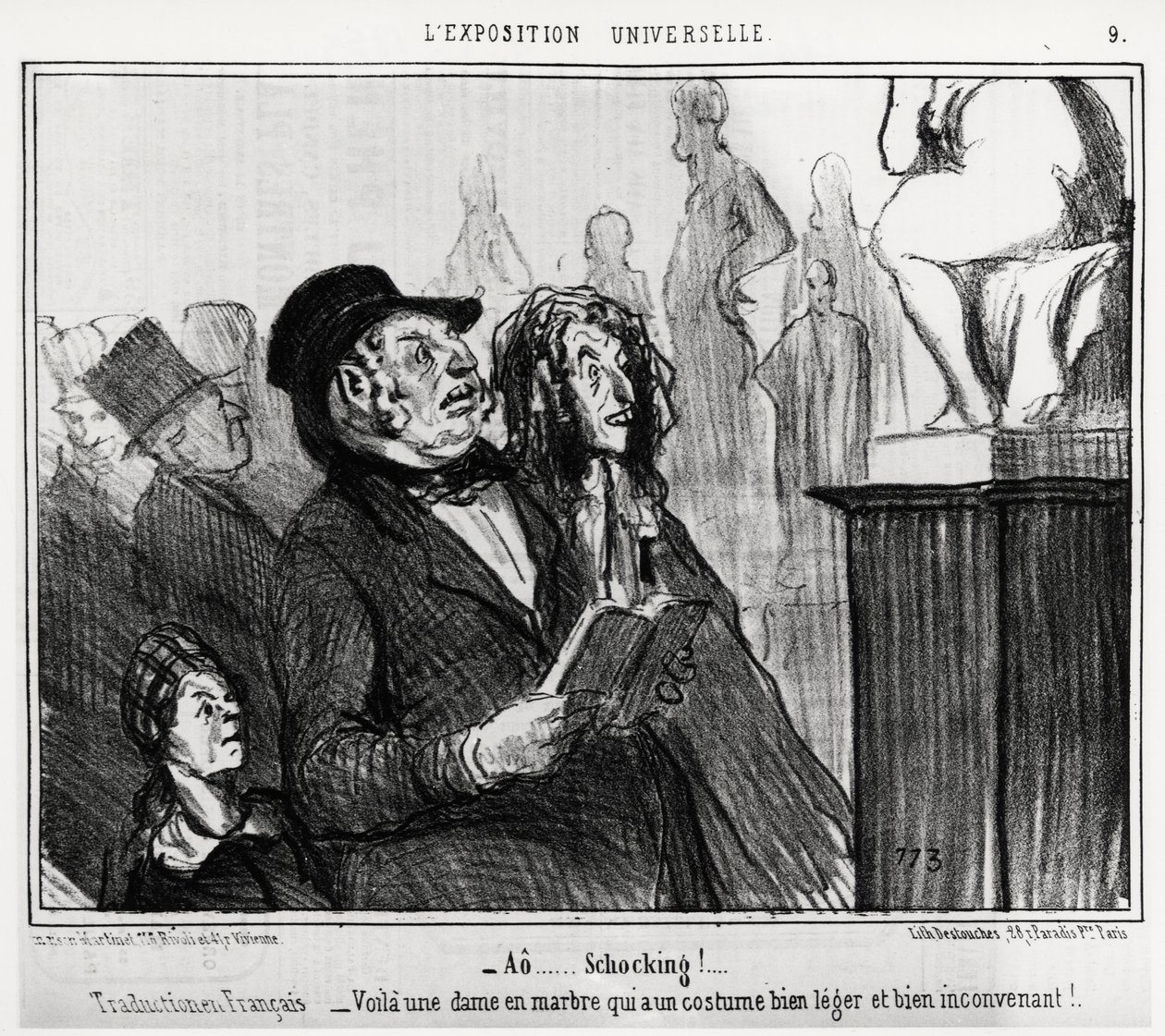På verdensudstillingen: “” ao... chokerende! “” , fransk oversættelse: her er en marmordame, der har et meget let og uegnet kostume. Illustration d
