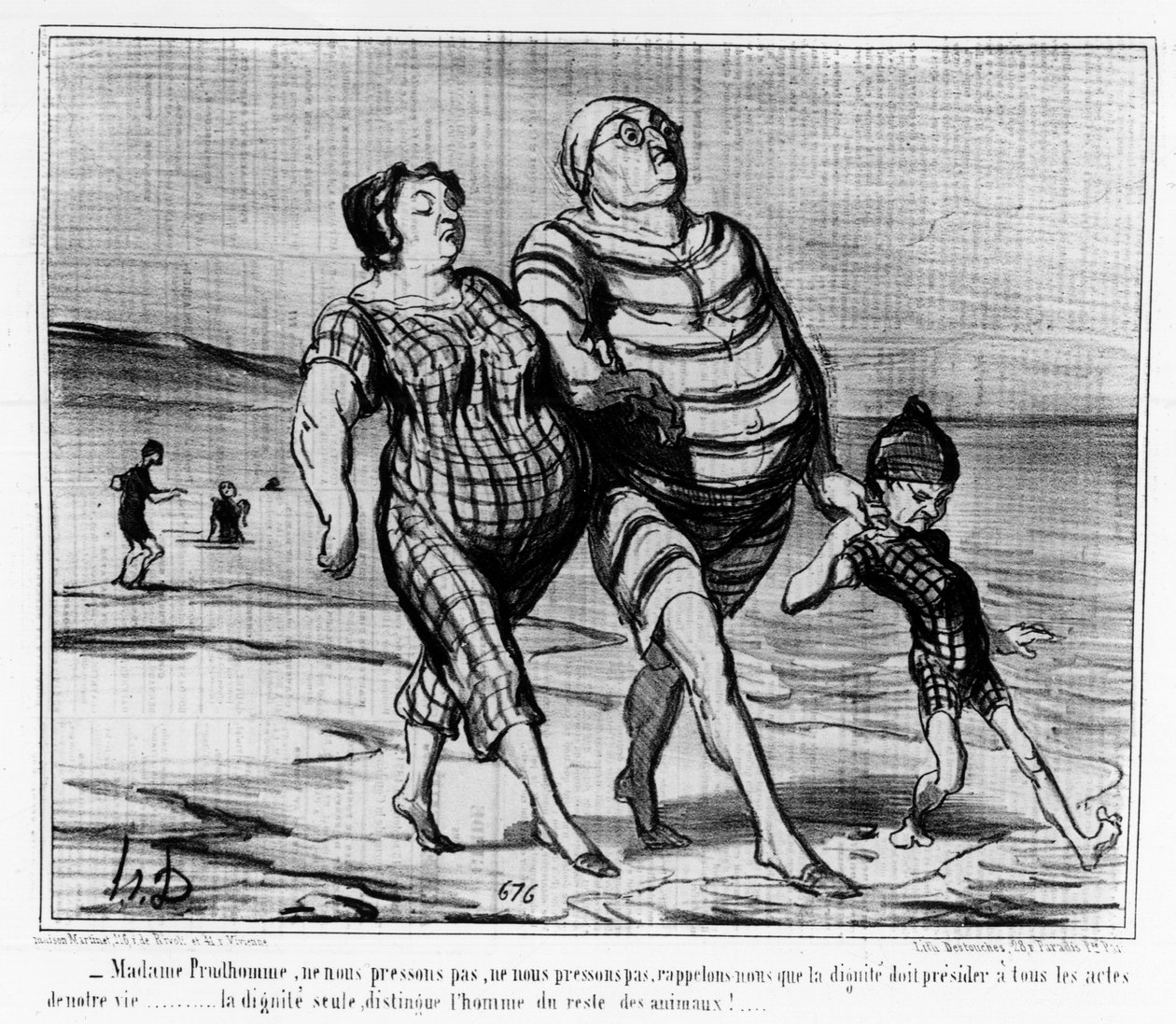 Ved havbadene: Parisisk familie går på en strand - ved Daumier, i "" Charivari"" af Honoré Daumier