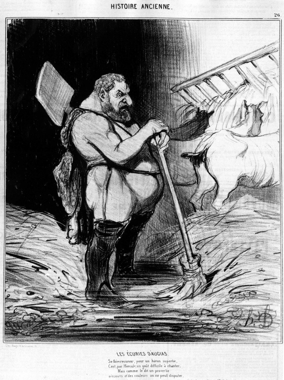 Augias stalde. Mand med udseende som en dværg i en stald: taget fra "Ancient History", karikatur af Honore Daumier af Honoré Daumier