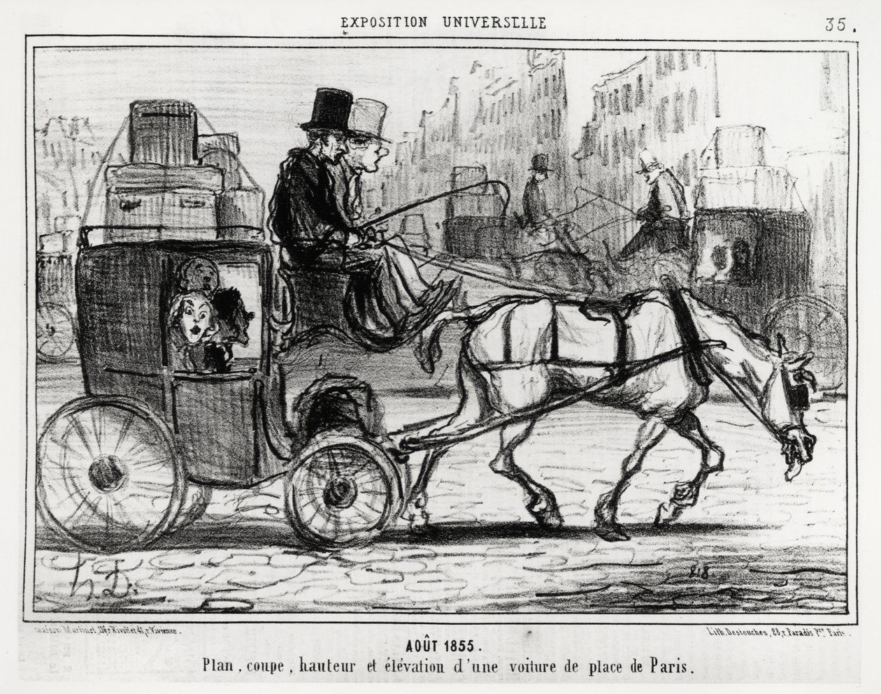 August 1855, universel udstilling: plan, snit, højde og elevation af en Paris-bil. Illustration af Honore Daumier (1808-1879), offentliggjort i nyhederne, "" Charivari", dateret 4. september af Honoré Daumier