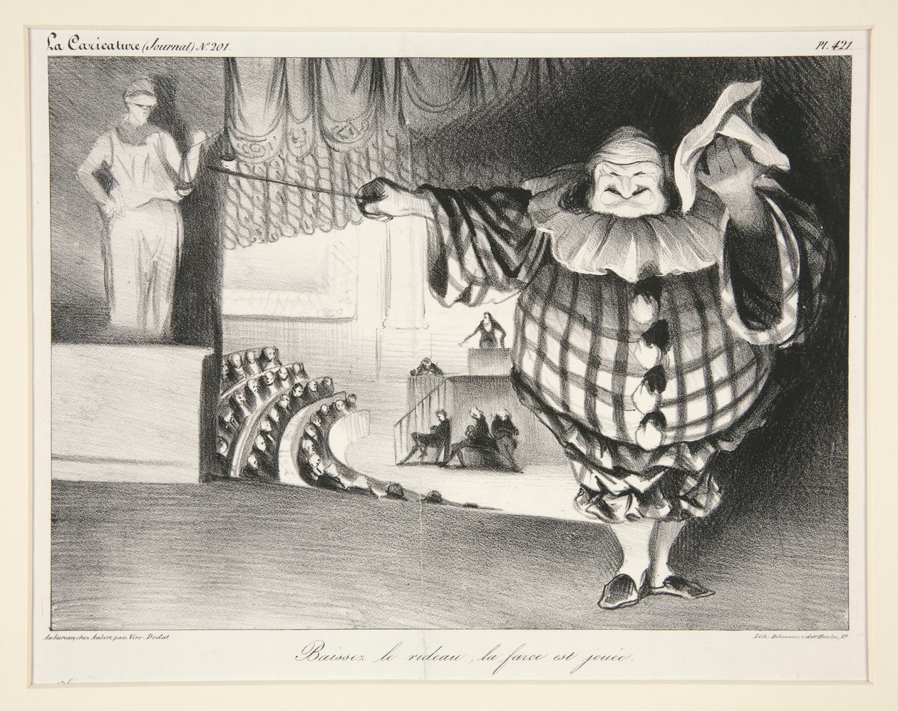 Baissez le rideau, la farce est jou?e. (Sænk gardinet, farsen er forbi.), pl. 421 fra tidsskriftet La Caricature nr. 201 af Honoré Daumier