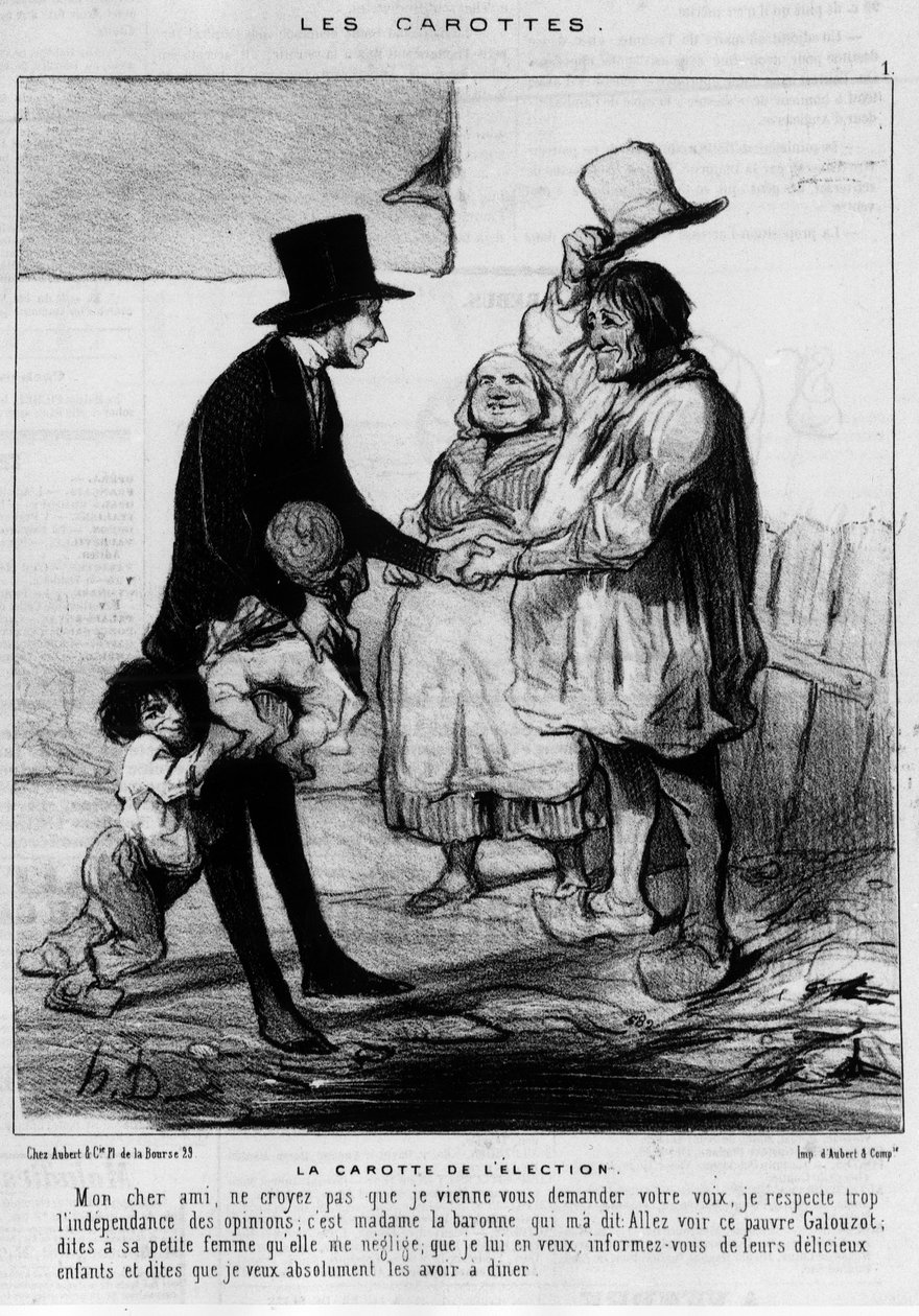 Kandidat til valgbesøg i en familie af bønder: "" Valgets gulerod"" - tegneserie af Daumier, i "" Charivari"" af 21/03/1844 af Honoré Daumier
