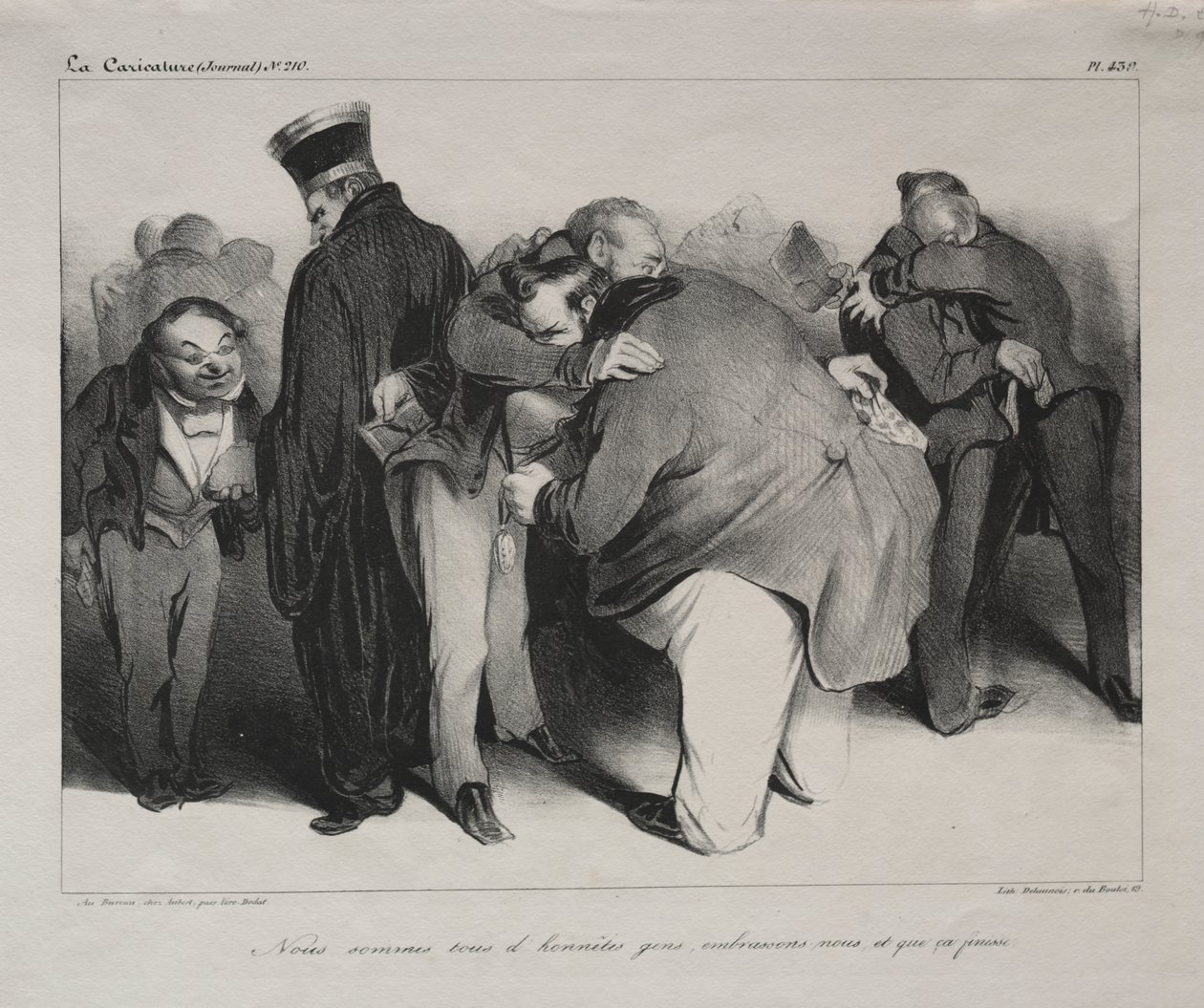 Karikatur, plade 439: Vi er alle ærlige mænd, så lad os omfavne og være færdige med det af Honoré Daumier
