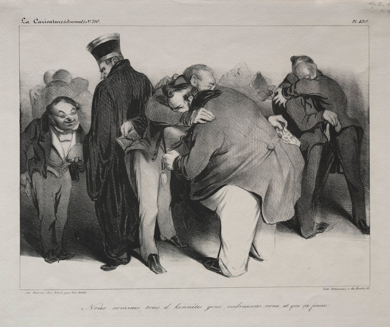 Karikatur, plade 439: Vi er alle ærlige mænd, så lad os omfavne og være færdige med det, 1834. af Honoré Daumier