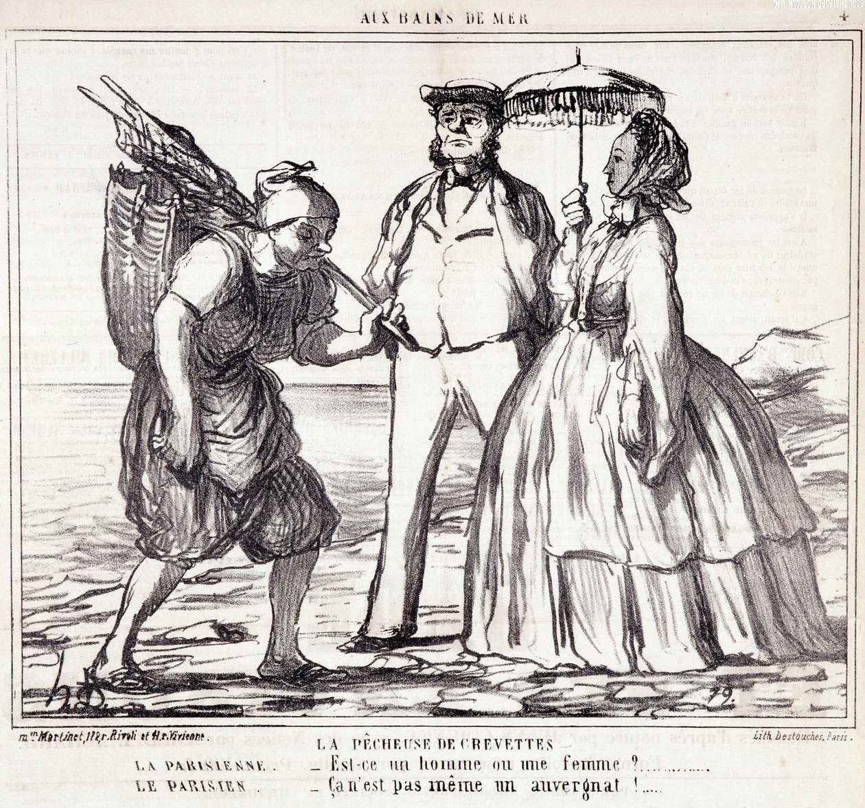 Tegnefilm om parisiske turister på ferie. Serie "" Axe Bains de Mer"": "" Rejefiskeriet..." Indgravering af Honore DAUMIER (1808-1879). Uddrag fra avisen "" Le Charivari"" den 5. september af Honoré Daumier
