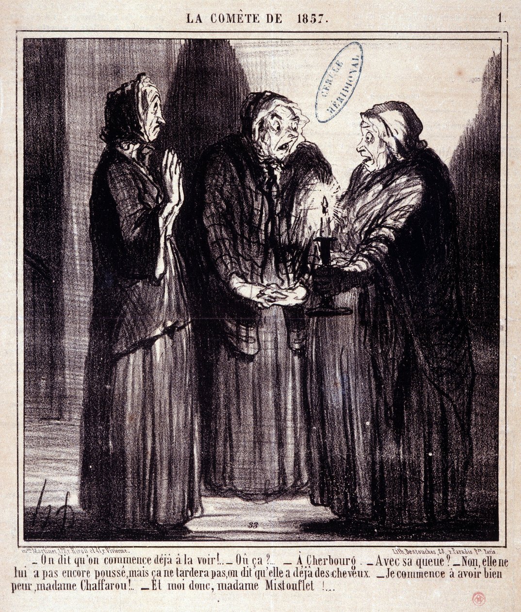 Tegneserie om videnskab. Serie Sur "Kometen af 1857": "De siger, at vi allerede er begyndt at se hende!..." Gravering af Honore DAUMIER (1808-1879). Uddrag fra avisen "Le Charivari" den 7. marts af Honoré Daumier